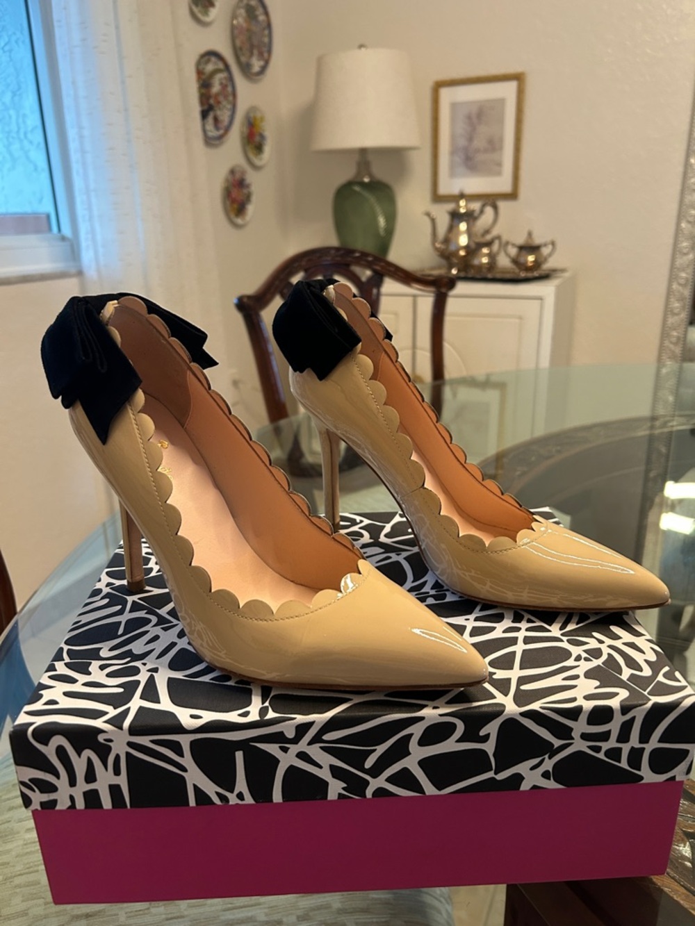 Kate Spade Nude Patent Scalloped High Heel Pumps with Black Bow, Leather Sole